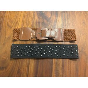 Lot of 2 Womens Black Brown Leather Woven Studded Wide Elastic Belt Small/Medium